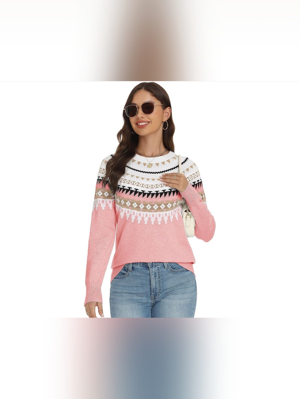 Women's Pink Fair Isle Crewneck Sweater - Picture 3 of 7
